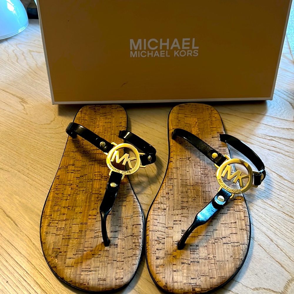 Michael KORS gentle worn sandals with love black with MK emblem size 10